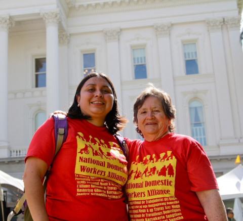 Two generation of domestic worker organizers and leaders: Claudia Reyes (left) has followed in the footsteps of her courageous mother, Maria Reyes (right). Claudia is the lead organizer for the workers’ rights program at MUA and played and important role in passing the Domestic Worker Bill of Rights in California. (Photo: Rucha Chitnis)