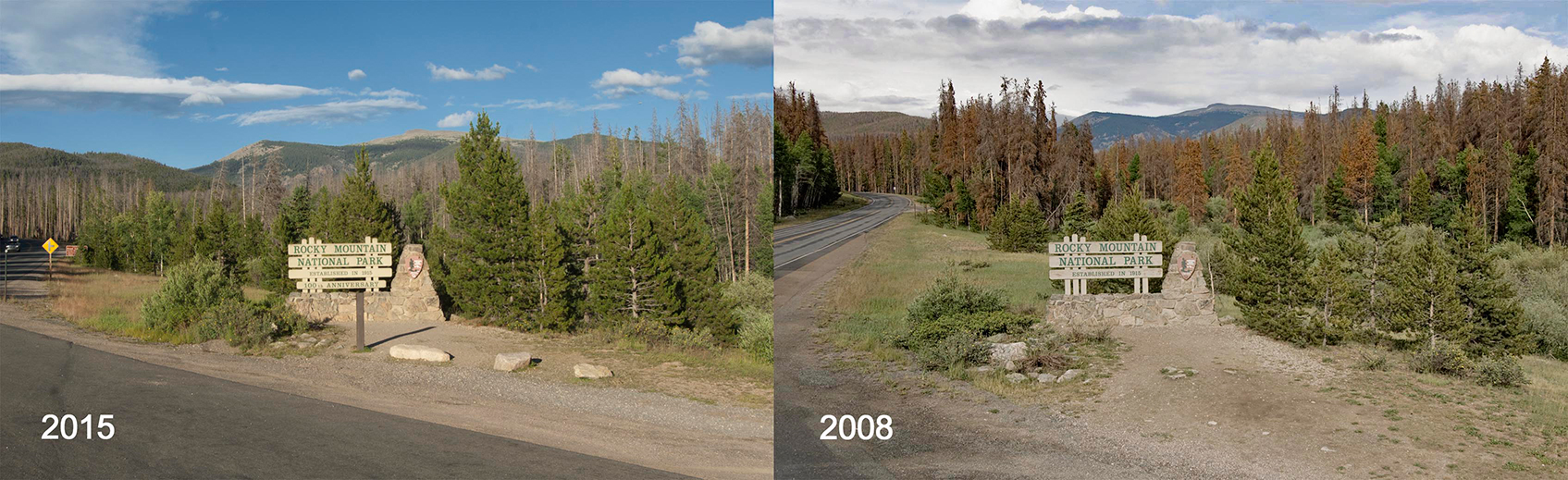 Rocky Mountain National Park Westgate entrance monument comparison. The peak of the redkill in this area was 2008. Note the tall trees between the road and the monument that have been logged to prevent them from falling on the road. (Photo: Bruce Melton)