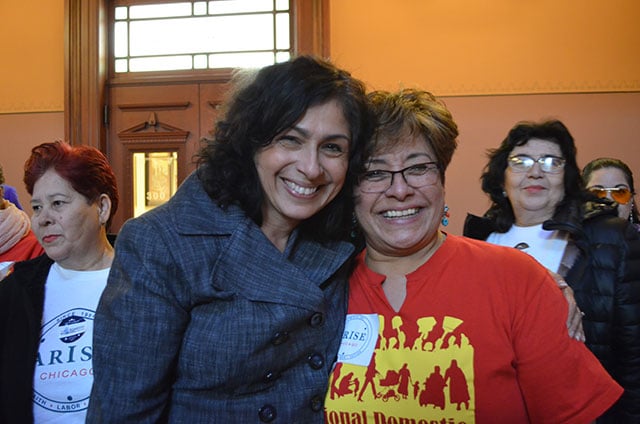 Domestic worker and organizer Isabel Escobar from Arise Chicago with Representative Elizabeth Hernandez. (Photo: National Domestic Workers Alliance)