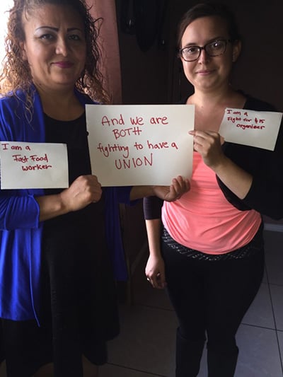 San Diego residents Emiliana Sparaco (right), a Fight for $15 organizer, and Roselva Gomez, a Burger King employee, are both fighting for a union. (WNV / Emiliana Sparaco)