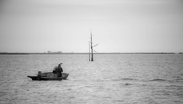 A woman checks her crab traps in the brackish waters at the mouth of the Mississippi River. (Photo: Michael Stein)