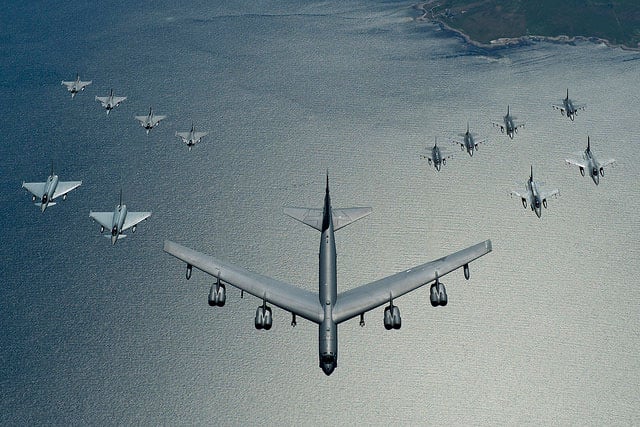A US Air Force B-52 Stratofortress leads a formation of aircraft from Poland, Germany, Sweden and the US over the Blatic Sea, June 9, 2016. Although the US has remained supreme in the military dimension, the consequences of American decline have been many. One is the need to resort to coalitions of the willing when overwhelmingly opposed internationally.