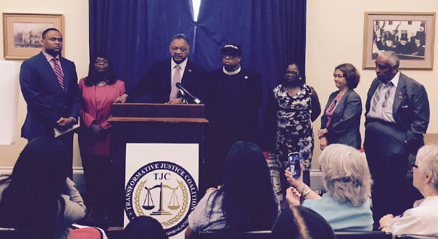 June 23 Voting Rights Press Conference; Rep Veasey, (D-TX), Rep Sewell, (D- AL) Reverend Jesse Jackson, Rainbow – PUSH, Rev Lennox Yearwood, Hip Hop Caucus, Barbara Arnwine, Chair of the Voting Rights Alliance, Terry O’Neill, National Organization of Women, and Rep Charles Rangel (D-NY). (Photo: Ben Ptashnik)