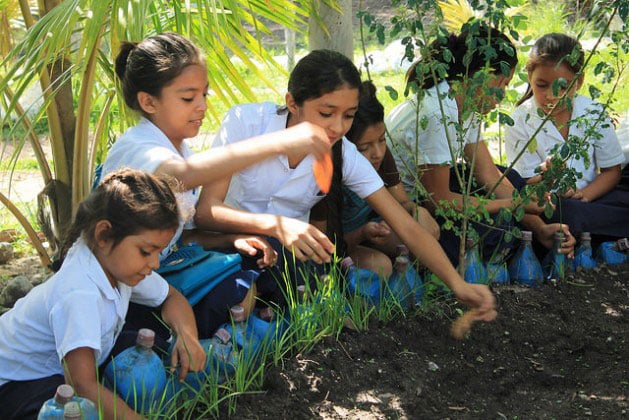 Students at the República de Venezuela School in the indigenous Lenca village of Coloaca in western Honduras, where they have a vegetable garden to grow produce and at the same time learn about the importance of a healthy and nutritious diet. (Credit: Thelma Mejía/IPS)