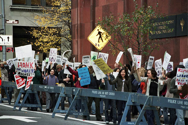 Striking graduate student workers picket outside NYU’s Bobst Library in November 2005. (Photo: Steve Fletcher)