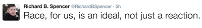 In this tweet, Alt Right convener Richard Spencer argues that the Alt Right should continue openly structuring itself around white supremacy. He wrote this tweet in response to Alt Right writer Milo Yiannopoulos, who had backed away from using openly racist language in public interviews.