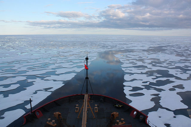 Scientists on board the U.S. Coast Guard Cutter Healy in the Beaufort Sea, northeast of Barrow, Alaska, finished collecting the mission¹s sea ice data and cruised south on July 20, 2011, through thin ice and ultimately into the open ocean. (Photo: NASA Goddard Space Flight Center)
