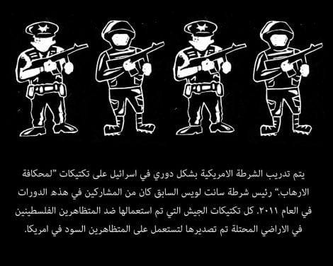 A print from the series #Arabs4BlackPower by Leila Abdelrazaq. An English translation of its caption: American police officers are regularly sent on trips to Israel to receive training in military 'anti-terror' tactics. The former chief of the St. Louis Police Department participated in one of these trainings in 2011. That means the very tactics being developed and used against Palestinian protestors in the occupied territories are exported and used against protestors in the United States.