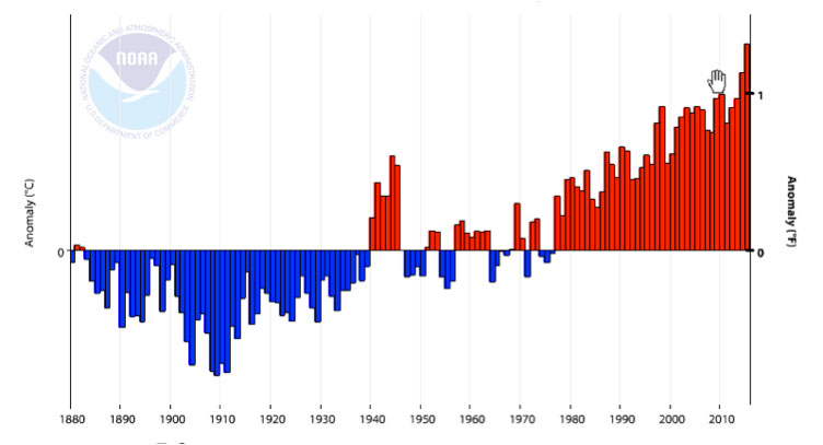 Annual Global Sea Surface Temperature Anomalies, 1880-2016. (Credit: NOAA National Centers for Environmental information, Climate at a Glance: Global Time Series, published August 2016.)