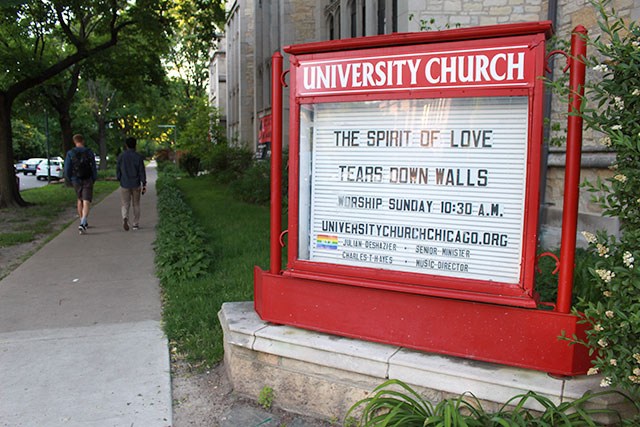 A sign outside the University Church in the Hyde Park neighborhood of Chicago's Southside, where Jose Juan Moreno has been in 