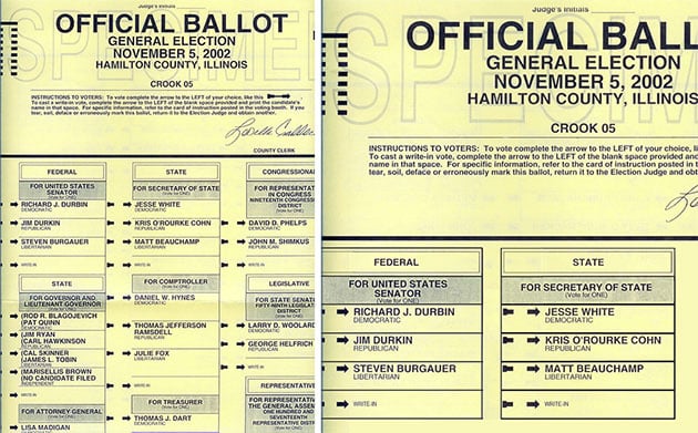 Illinois’ Hamilton county confusing ballot, and suggested redesign. (Brennan Center)