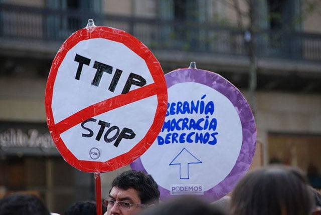 Public opposition to NAFTA and a host of proposed international treaties such as the TTP, TTIP, and TISA have continued to intensify. This protest is in Barcelona. (Photo by horrapics licensed under the Creative Commons Attribution 2.0 Generic license)