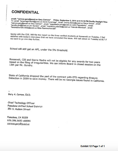 Gary Carnow, who was PUSD’s Chief Technology Officer, wrote in a September 2, 2011 email to six PUSD administrators, 