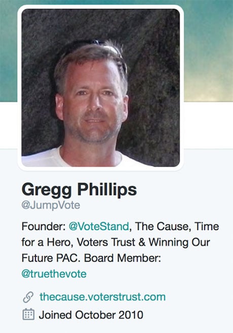 The Twitter profile of Gregg Phillips, the conservative activist who appears to be the source for President-elect Donald Trump's claim that millions of people voted illegally in the recent election.