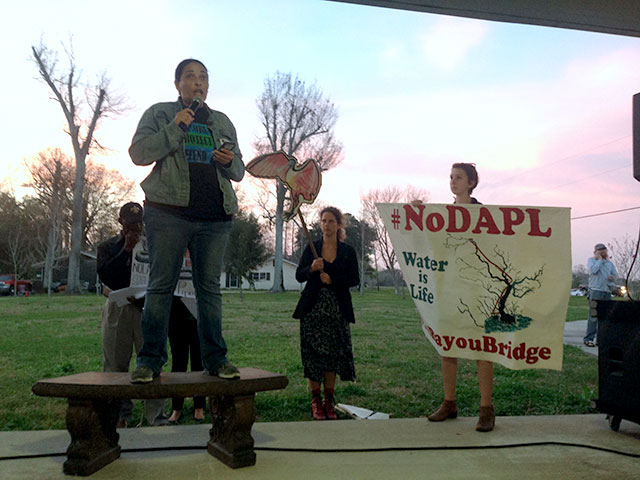 Cherry Foytlin, a Native American environmental activist who spent time with the Standing Rock protesters in North Dakota, addresses a crowd of anti-pipeline protesters outside a permit hearing on the Bayou Bridge Pipeline in Napoleonville, Louisiana. (Photo: Mike Ludwig)