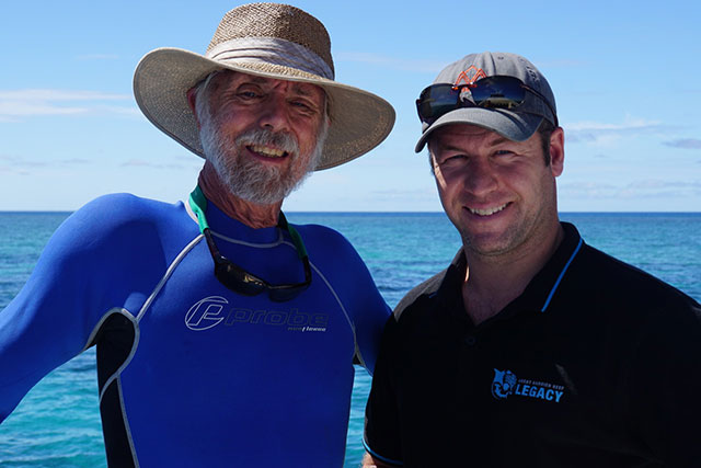 John Rumney (left), managing director, and Dean Miller (right), marine scientist and director of science and media, with Great Barrier Reef Legacy. (Photo: Dahr Jamail)
