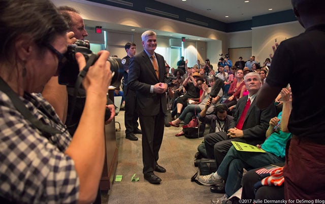 Sen. Cassidy, inside a town hall meeting at a public library in Metairie, Louisiana. (Photo: Julie Dermansky)