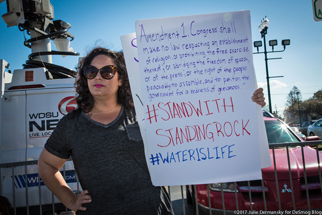 Protester outside Sen. Cassidy's town hall meeting in Metairie, Louisiana. (Photo: Julie Dermansky) 