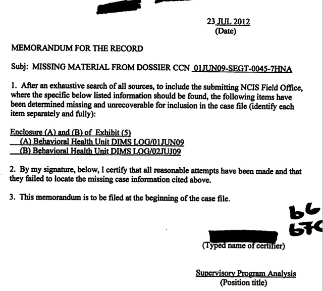 NCIS Memo on Missing Documents 7 23 2012