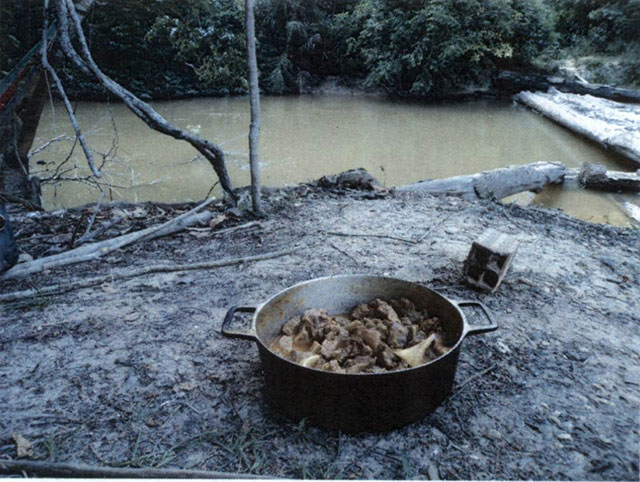 A meal at a logging camp in front of a stream that investigations reveal are often used for both drinking water and bathing. (Photo: Lunaé Parracho)