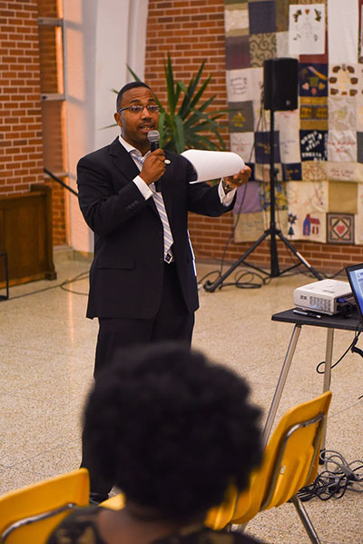 Louisiana State Sen. and Ninth Ward native Wesley T. Bishop talks to the crowd about the proposal's attributes and shortfalls. (Photo: Michael Stein)