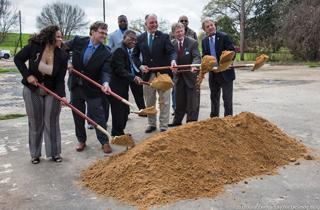 Gov. John Bell Edwards, front and third from right, at the groundbreaking ceremony in St. Joseph, Louisiana, for the new municipal water system. (Photo: Julie Dermansky)