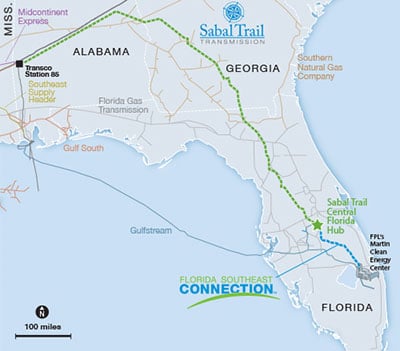 A map of the southeast pipeline project consisting of three separate pipelines – Transco's Hillabee Expansion Project, Sabal Trail and the Florida Southeast Connection. (Map: Sable Trail Transmission, LLC)