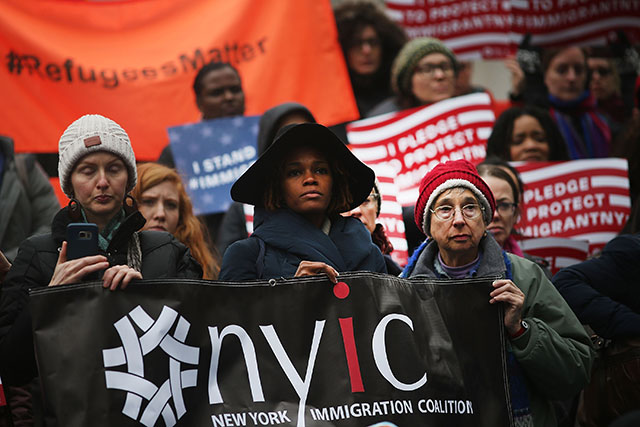 Area Muslims and local immigration activists participate in a prayer and rally against President Donald Trump's immigration policies on January 27, 2017 in New York City. The Freedom Cities campaign expands on the sanctuary movement to create a framework for cities to offer protection to all oppressed people in the United States. (Photo: Spencer Platt / Getty Images)