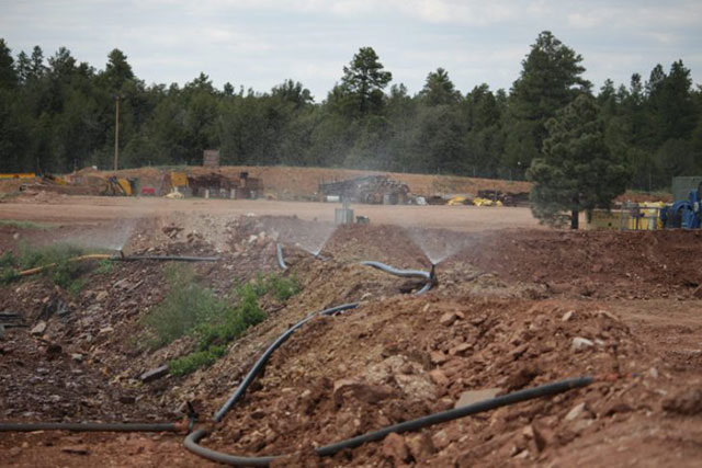 Sprinklers are used to contain uranium dust particles at the Canyon mine. (Photo: Garet Bleir)