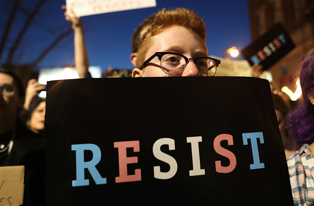 Hundreds protest a Trump administration announcement this week that rescinds an Obama-era order allowing transgender students to use school bathrooms matching their gender identities, at the Stonewall Inn on February 23, 2017 in New York City. (Photo: Spencer Platt / Getty Images)