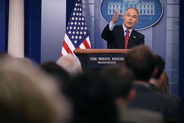 Environmental Protection Agency Administrator Scott Pruitt answers reporters' questions during a briefing at the White House June 2, 2017 in Washington, DC. Pruitt has been a longtime opponent of the Office of Environmental Justice. (Photo: Chip Somodevilla / Getty Images)