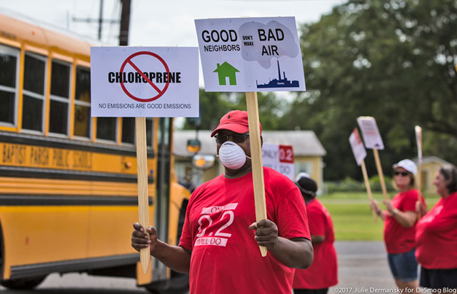 On May 18 the Concerned Citizens of St. John raised awareness about air pollution near a school in Reserve, Louisiana, close to the monitoring location which in June showed the highest measured level of chloroprene. (Photo: Julie Dermansky)