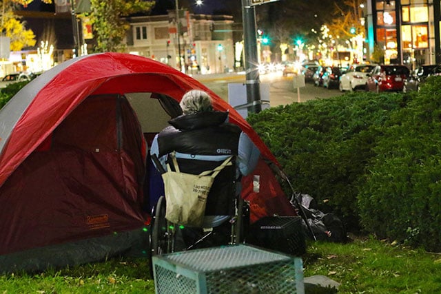 Most members of the First They Came for the Homeless encampment protest in Berkeley are disabled. The moment people see me with my sleeping bag on the streets, I become a non-person in their eyes, said Brett Schnaper, a member of the encampment. It's such a delight to be seen. (Photo: Rucha Chitnis © The Oakland Institute)
