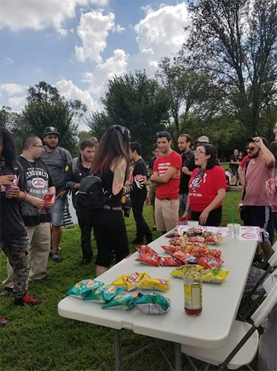 Juggalos and members of the DSA talk during the Juggalo March in Washington, DC, on September 16, 2017. (Photo: Lynne Williamson)