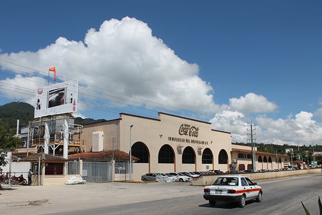 The Coca Cola-FEMSA bottling plant on the outskirts of San Cristobal produces 5 to 7% of Coca Cola products sold in Mexico. (Photo: Martha Pskowski)