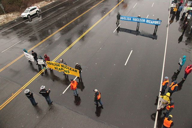 Six nuclear resisters were found guilty of trespass after demonstrating in March 2017 at the Naval Base Kitsap-Bangor. (Credit: Clancy Dunigan)