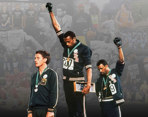 For October, this collage honors Tommie Smith and John Carlos’ Black Power salute at the 1968 Olympics that instantly became an iconic image. (Image: Syracuse Cultural Workers)
