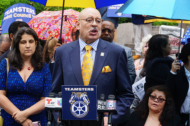 George Miranda speaks at press conference to free Eber. (Credit: Courtesy of Teamsters Joint Council 16)