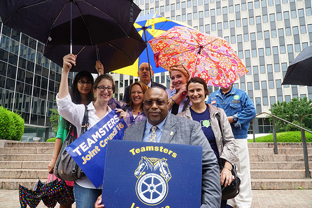 Transform Don't Trash NYC coalition at Teamsters press conference to free Eber. (Credit: Courtesy of Teamsters Joint Council 16)