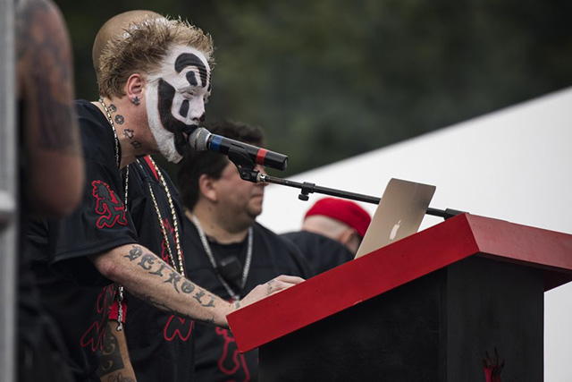 Joseph Utsler (left) and Joseph Bruce (right), also known as Shaggy 2 Dope and Violent J of Insane Clown Posse, speak during the Juggalo March in Washington, DC, on September 16, 2017. Juggalos are fans and followers of the rap group Insane Clown Posse and they are protesting the FBI's 2011 classification of Juggalos as a Street Gang. (Photo: Samuel Corum / Anadolu Agency / Getty Images)