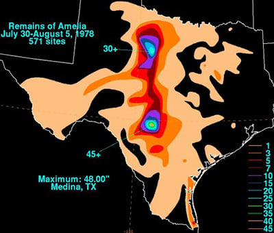 Amelia’s 24 inch rains covered 500 to 600 square miles. David Roth, Weather Prediction Center, Camp Springs, Maryland National Oceanic and Atmospheric Administration, NOAA.