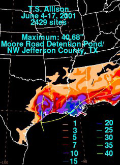 Tropical Storm Allison in 2001 was the 17th most costly catastrophe in the U.S. produced 30 to 40 inches of rain and $11.9 billion in damages. The area of 24″ rainfall was about 600 square miles.