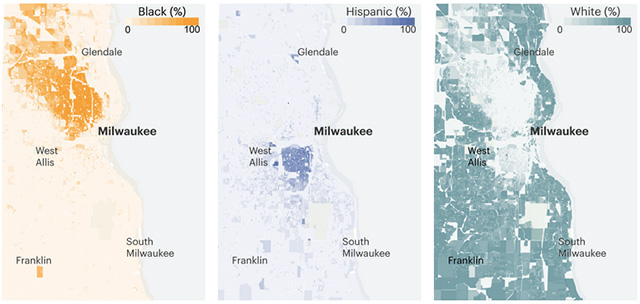 Proportion of white, black, and Hispanic residents in Milwaukee County.