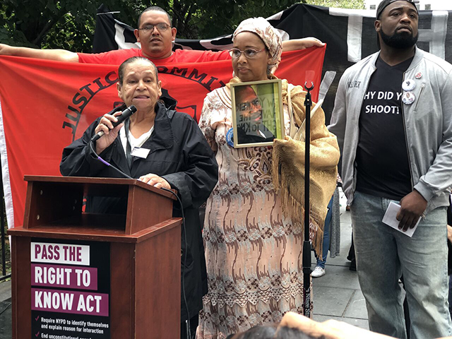 From left to right: Iris Baez, mother of Anthony Baez (killed by NYPD in 1994); Hawa Bah, mother of Mohamed Bah (killed by NYPD in 2012); and Victor Dempsey, brother of Delrawn Small (killed by NYPD officer in 2016), speak at a rally supporting the proposed Right To Know Act in New York City, on October 11, 2017. (Photo: Alberto Morales)