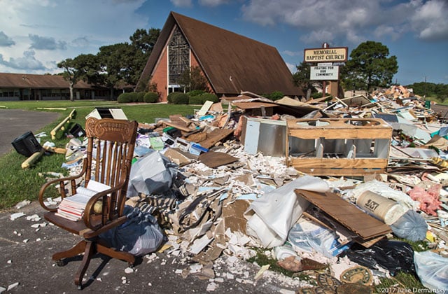 Debris from Hurricane Harvey sat in front of a church in Port Arthur, Texas, on September 22, 2017, but has now been removed. (Photo: Julie Dermansky)