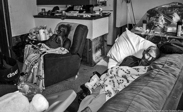 Pat Harris with her father, who moved in with her after Hurricane Harvey on September 20, 2017. (Photo: Julie Dermansky)
