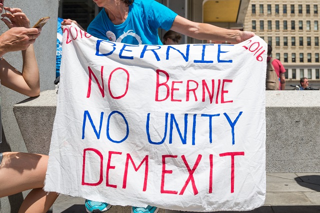 Pro-Bernie Sanders demonstrators display their political allegiance through shirts, signs, and flags showing their disapproval of Hillary Clinton and advocate for a 'DemExit' as a political revolt. (Photo: Albin Lohr-Jones/ Pacific Press/ LightRocket via Getty Images)