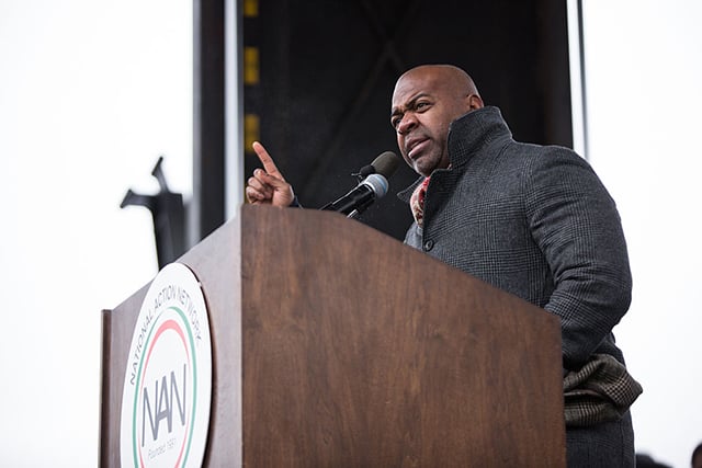 On Saturday, January 14, 2017, in Washington, DC, Ras J. Baraka, Mayor of Newark, New Jersey, addresses the crowd at the We Shall Not Be Moved march, organized by Rev. Al Sharptons organization, National Action Network (NAN). (Photo: Cheriss May / NurPhoto via Getty Images)