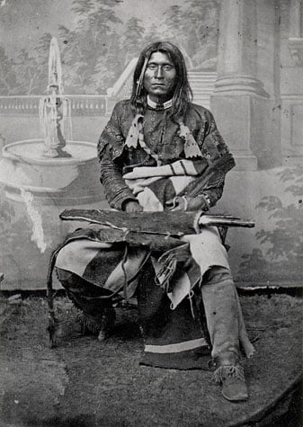 Modoc chief Kintpuash photographed by T.N. Wood in 1864. Kintpuash and his family were among the Modoc removed from California by the United States in 1864; his leadership of Modoc and attempts to return and resist led to his capture and execution by the US Army in 1873.
