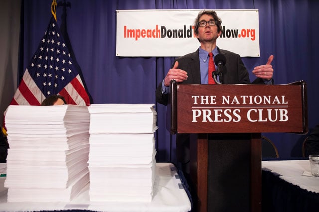 Free Speech for People Co-Founder and President John Bonifaz speaks during a news conference hosted by Free Speech For People and RootsAction.org at The National Press Club on February 16, 2017 in Washington, DC. The organizations collected a petition of over 850,000 signatures, calling for the House of Representatives to begin an impeachment investigation into President Donald Trump's business dealings, including violations of the US Constitution's Foreign Emoluments and Domestic Emoluments clauses. (Photo: Zach Gibson / AFP / Getty Images)
